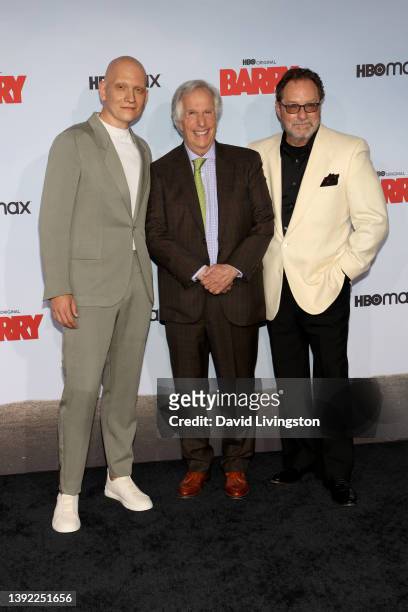 Anthony Carrigan, Henry Winkler and Stephen Root attend the season 3 premiere of HBO's "Barry" at Rolling Greens on April 18, 2022 in Culver City,...