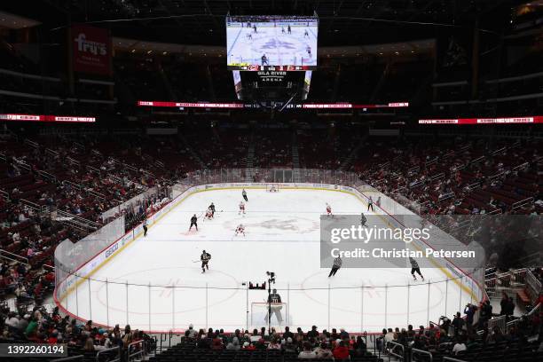 General view of action between the Arizona Coyotes and the Carolina Hurricanes during the third period of the NHL game at Gila River Arena on April...