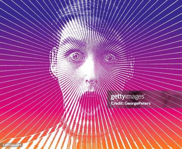 stockillustraties, clipart, cartoons en iconen met stressed out woman with shocked facial expression and glitch technique - close up face