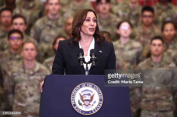 Vice President Kamala Harris delivers remarks to members of Vandenberg Space Force Base at Vandenberg Space Force Base on April 18, 2022 in Lompoc,...