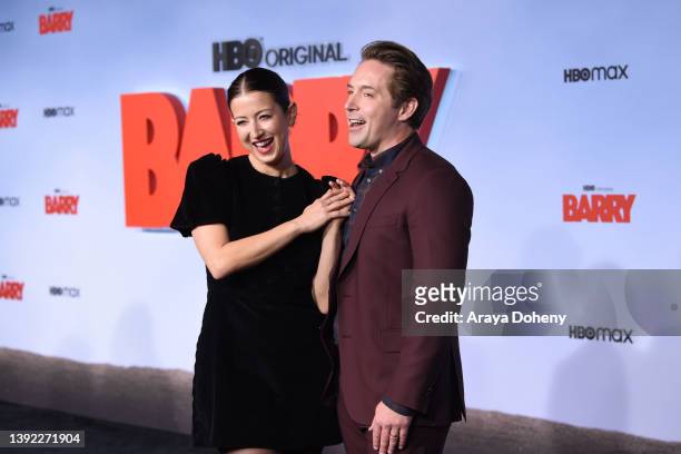 Jessy Hodges and Beck Bennett attend the Season 3 Premiere Of HBO's "Barry" at Rolling Greens on April 18, 2022 in Culver City, California.