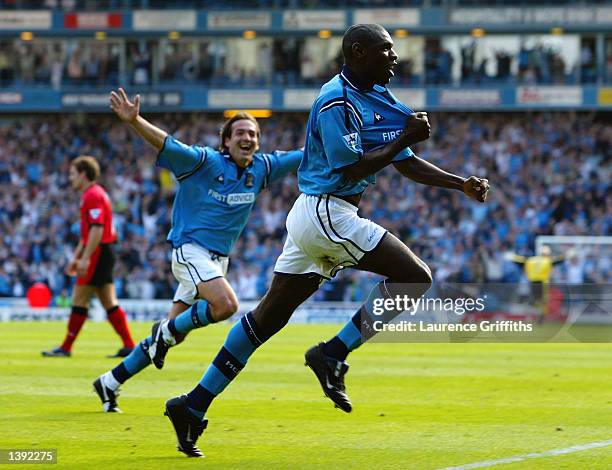 Shaun Goater of Manchester City celebrates his equalizing goal during the FA Barclaycard Premiership match between Manchester City and Blackburn...