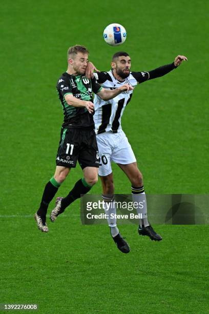 Connor Pain of Western United and Tomislav Uskok of the Bulls compete for the ball during the A-League Mens match between Western United and...