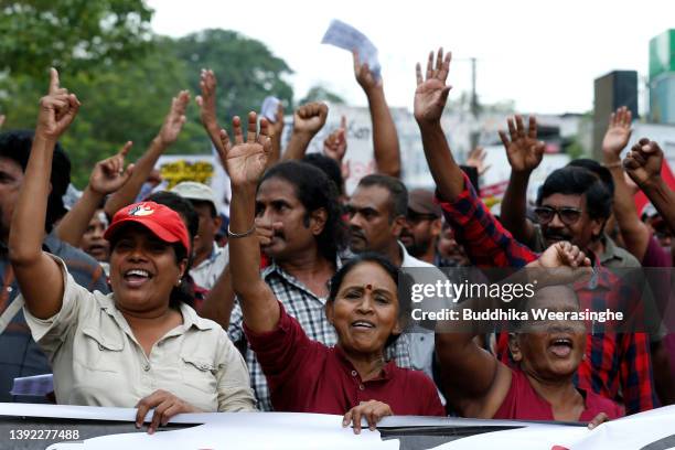 Demonstrators from Leftist opposition party, the People’s Liberation Front, take part in a protest against Sri Lankan President Gotabaya Rajapaksa on...