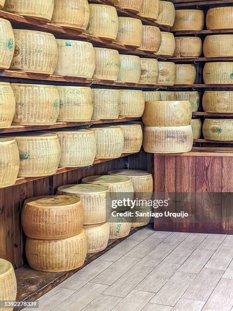 parmesan cheese on rack in a shop - hartkäse stock-fotos und bilder