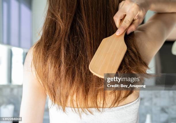 rear view of young asian woman brushing her thick hair. - dry hair stock-fotos und bilder