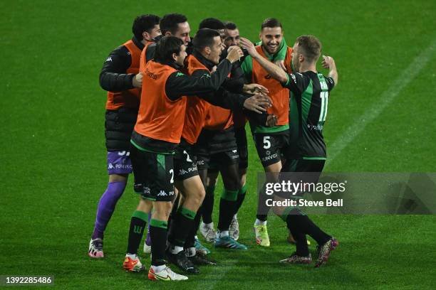 Connor Pain of Western United celebrates a goal with teammates during the A-League Mens match between Western United and Macarthur FC at University...