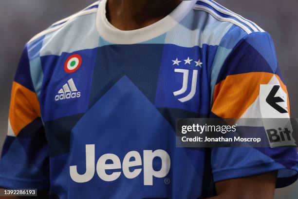 Close up of details on the new Juventus fourth jersey during the Serie A match between Juventus and Bologna FC at Allianz Stadium on April 16, 2022...