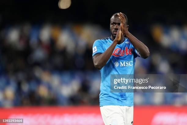 Kalidou Koulibaly of SSC Napoli during the Serie A match between SSC Napoli and AS Roma at Stadio Diego Armando Maradona on April 18, 2022 in Naples,...