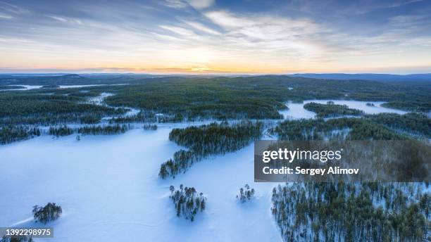 aerial view of karelia region winter landscape at dawn - lake ladoga stock pictures, royalty-free photos & images