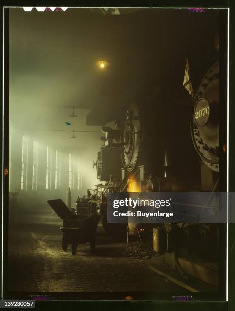 Chicago and Northwestern Railroad locomotives in the roundhouse at Proviso yard, Chicago, Illinois, 1942.