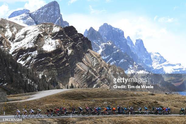 Clément Champoussin of France, Nicolas Prodhomme of France, Geoffrey Bouchard of France and AG2R Citroen Team Green Leader Jersey lead the peloton...