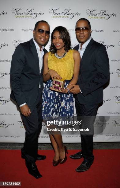 Antoine Von Boozier, Andre Von Boozier and Kimberly Cheri attend the VB Premier Lux Candle Collection launch party at The Gift at the Grace Hotel on...