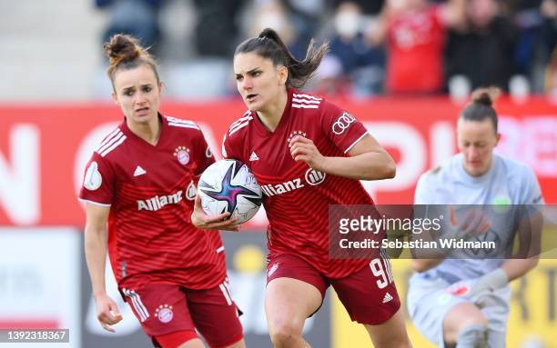 Jovana Damnjanovic of FC Bayern Muenchen celebrates after scoring their team's first goal during the Women's DFB Cup semi final match between Bayern...