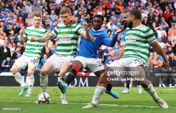 Carl Starfelt of Celtic scores an own goal, Rangers' second goal scores their team's second goal during the Scottish Cup Semi Final match between...