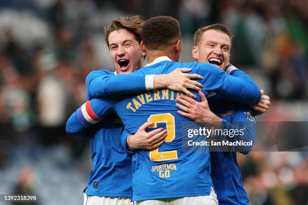 James Tavernier celebrates with teammate Steven Davis of Rangers during the Scottish Cup Semi Final match between Celtic FC and Rangers FC at Hampden...
