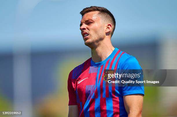 Angel Rodado of FC Barcelona B reacts during the Primera RFEF Group 2 match between Atletico Baleares and FC Barcelona B at Estadio Balear on April...