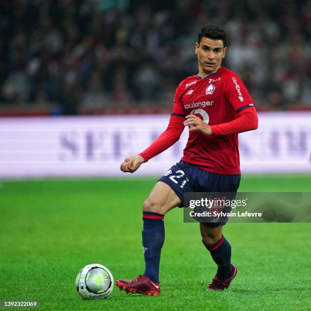 Benjamin Andre of Lille OSC in action during the Ligue 1 Uber Eats match between Lille OSC and RC Lens at Stade Pierre Mauroy on April 16, 2022 in...