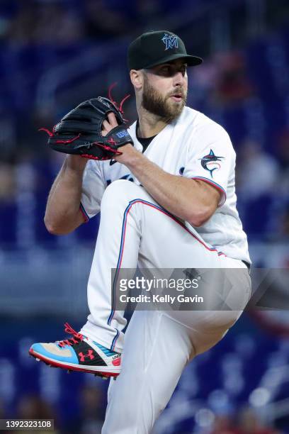 Anthony Bass of the Miami Marlins pitches in the eighth inning against the Philadelphia Phillies at loanDepot park on April 17, 2022 in Miami,...