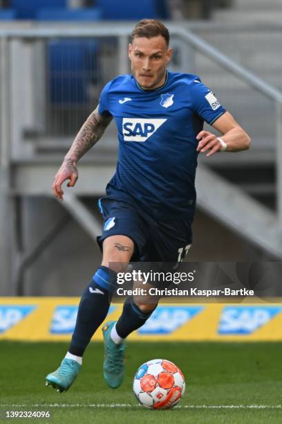 David Raum of TSG 1899 Hoffenheim in action during the Bundesliga match between TSG Hoffenheim and SpVgg Greuther Fürth at PreZero-Arena on April 17,...