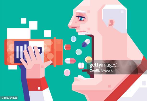 senior man taking pills - man ready to eat stock illustrations