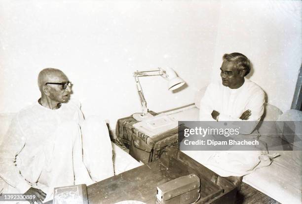 Atal Bihari Vajpayee meets Morarji Desai at Ahmedabad Gujarat India on 18th october 1982.