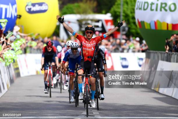 Pello Bilbao López De Armentia of Spain and Team Bahrain Victorious celebrates at finish line as stage winner during the 45th Tour of the Alps 2022 -...