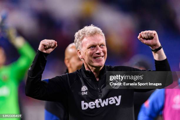 West Ham Head Coach David Moyes celebrates after winning Lyon during the UEFA Europa League Quarter Final Leg Two match between Olympique Lyon and...