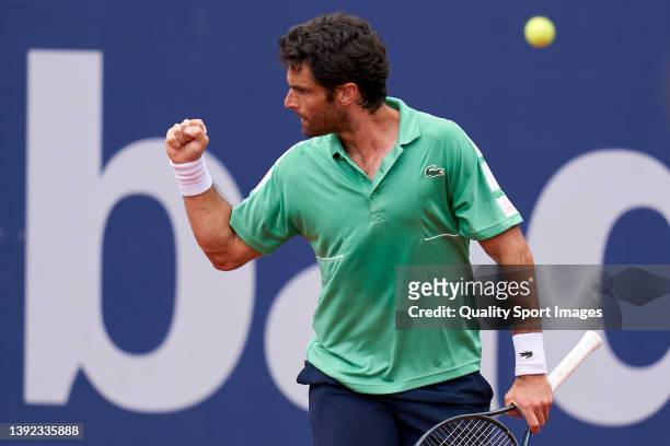 Pablo Andujar of Spain celebrates a point against Ugo Humbert of France during day two of the Barcelona Open Banc Sabadell at Real Club De Tenis...