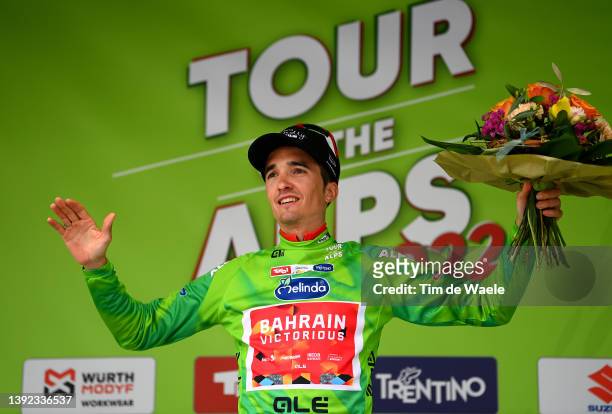 Pello Bilbao López De Armentia of Spain and Team Bahrain Victorious celebrates at podium as Green Leader Jersey winner during the 45th Tour of the...