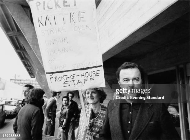 Peter Hall , director of the National Theatre, on a picket line outside the theatre, during a strike by members of the union NATTKE , London, 31st...