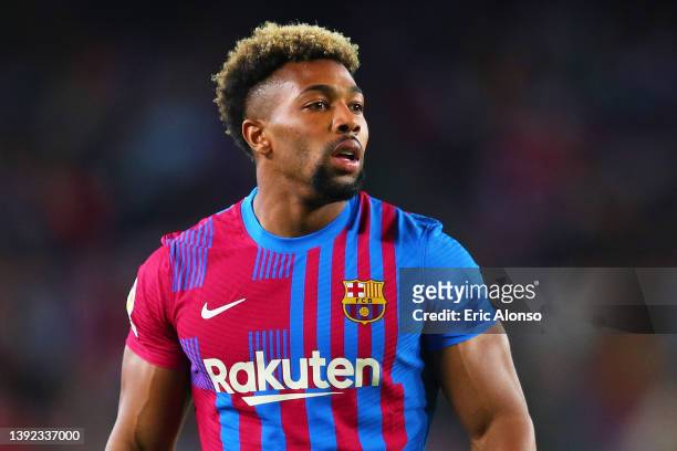 Adama Traore of FC Barcelona looks on during the LaLiga Santander match between FC Barcelona and Cadiz CF at Camp Nou on April 18, 2022 in Barcelona,...