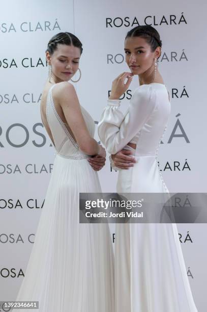 Models pose for designer Rosa Clara Fitting for Barcelona Bridal Fashion Week on April 19, 2022 in Sant Just Desvern, Spain.