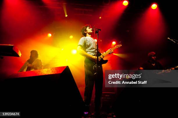 Heidi Lenffer, Alister Wright and Jeremy Kelshaw of Cloud Control perform on stage at Electric Ballroom on February 17, 2012 in London, United...