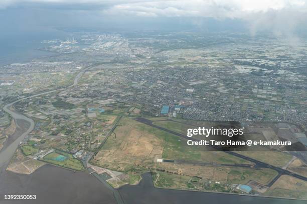 kisarazu city in chiba of japan aerial view from airplane - chiba city imagens e fotografias de stock