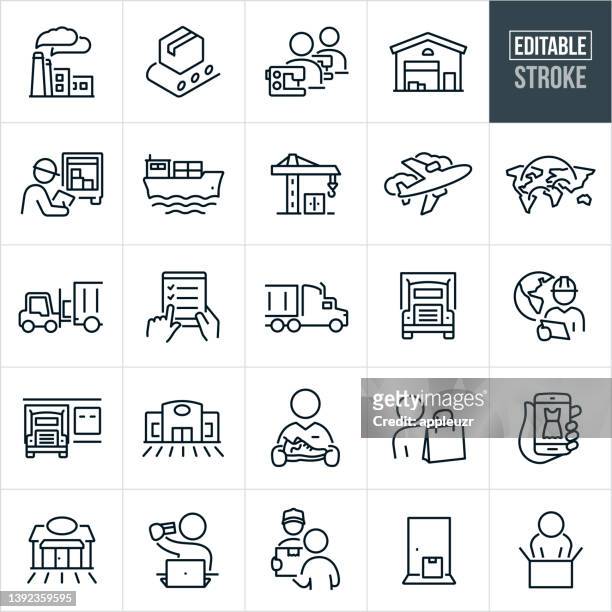 ilustrações de stock, clip art, desenhos animados e ícones de supply chain thin line icons - editable stroke - expedir