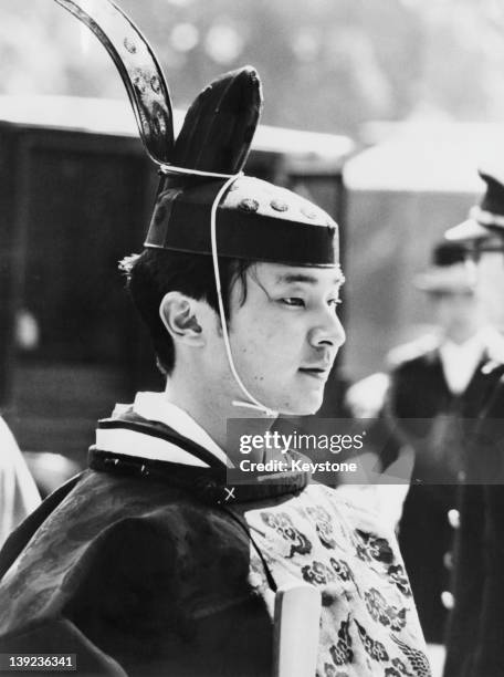 Prince Hiro, aka Crown Prince Naruhito of Japan, during his coming-of-age ceremony at the Imperial Palace in Tokyo, 1980. He is wearing the coronet...