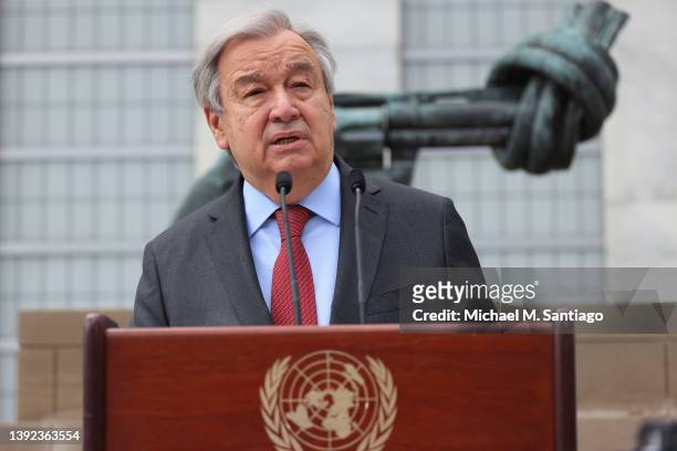 António Guterres, United Nations Secretary-General, speaks during a press conference at the United Nations Visitors Plaza on April 19, 2022 in New...