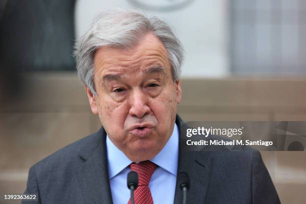 António Guterres, United Nations Secretary-General, speaks during a press conference at the United Nations Visitors Plaza on April 19, 2022 in New...