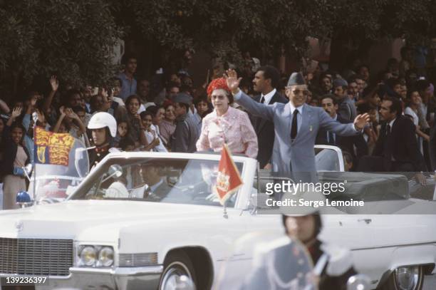 Queen Elizabeth II with King Hassan II during her state visit to Morocco, October 1980.