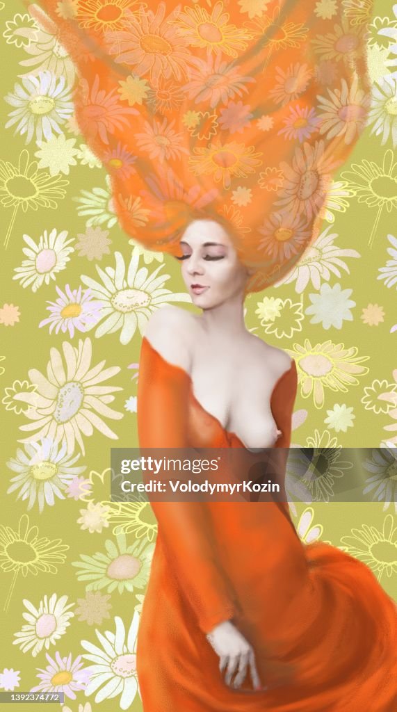Woman with closed eyes in half turn with blond hair fluttering in the wind