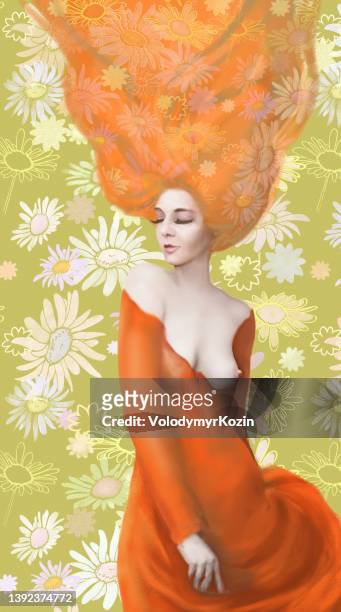 woman with closed eyes in half turn with blond hair fluttering in the wind - redhead stock illustrations