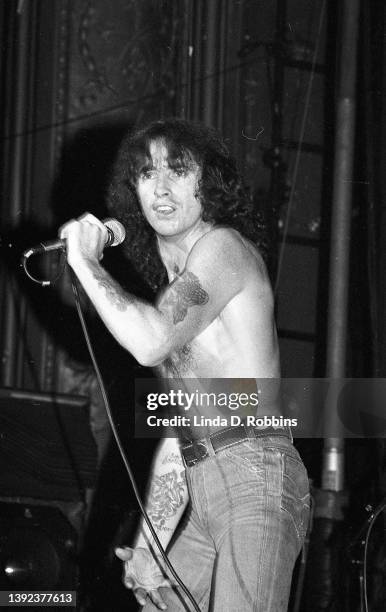 Singer Bon Scott of AC/DC, performing onstage at the Palladium in New York City, August 24, 1977. The Australian rockers, then on their first...