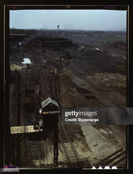 Track repair work at the Bensenville yard of the Chicago, Milwaukee, Street Paul, and Pacific Railroad, Bensenville, Illinois, 1943.