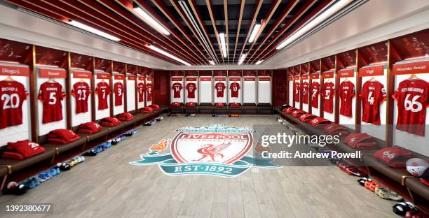 Dressing room of Liverpool before the Premier League match between Liverpool and Manchester United at Anfield on April 19, 2022 in Liverpool, England.