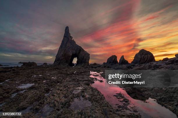 sunset at the cliffs of campiecho gavieira, asturias, spain - comunidad autonoma del pais vasco stock pictures, royalty-free photos & images