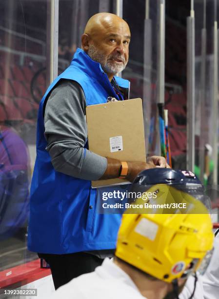 Head Coach Grant Fuhr of Team D looks on during a 3ICE Hockey tryout session at the Orleans Arena on April 19, 2022 in Las Vegas, Nevada.