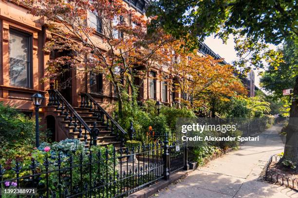 brownstone townhouses in park slope, brooklyn, new york city, usa - terraced house fotografías e imágenes de stock