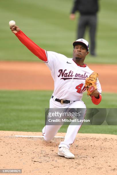 Josiah Gray of the Washington Nationals pitches in the third inning during game one of a doubleheader baseball game against the Arizona Diamondbacks...