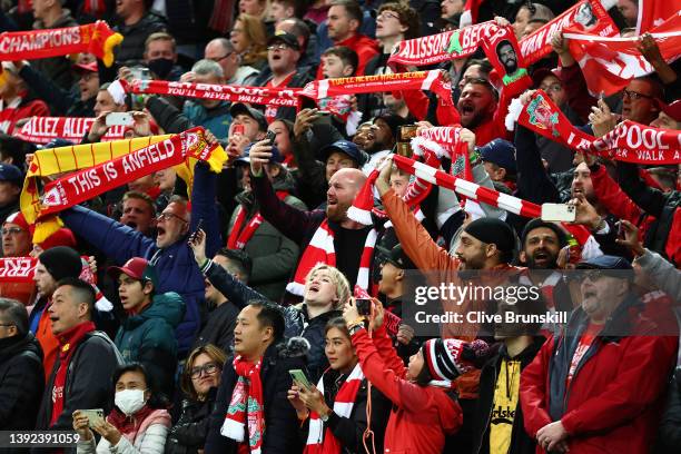 General view of Liverpool fans prior to kick off of the Premier League match between Liverpool and Manchester United at Anfield on April 19, 2022 in...